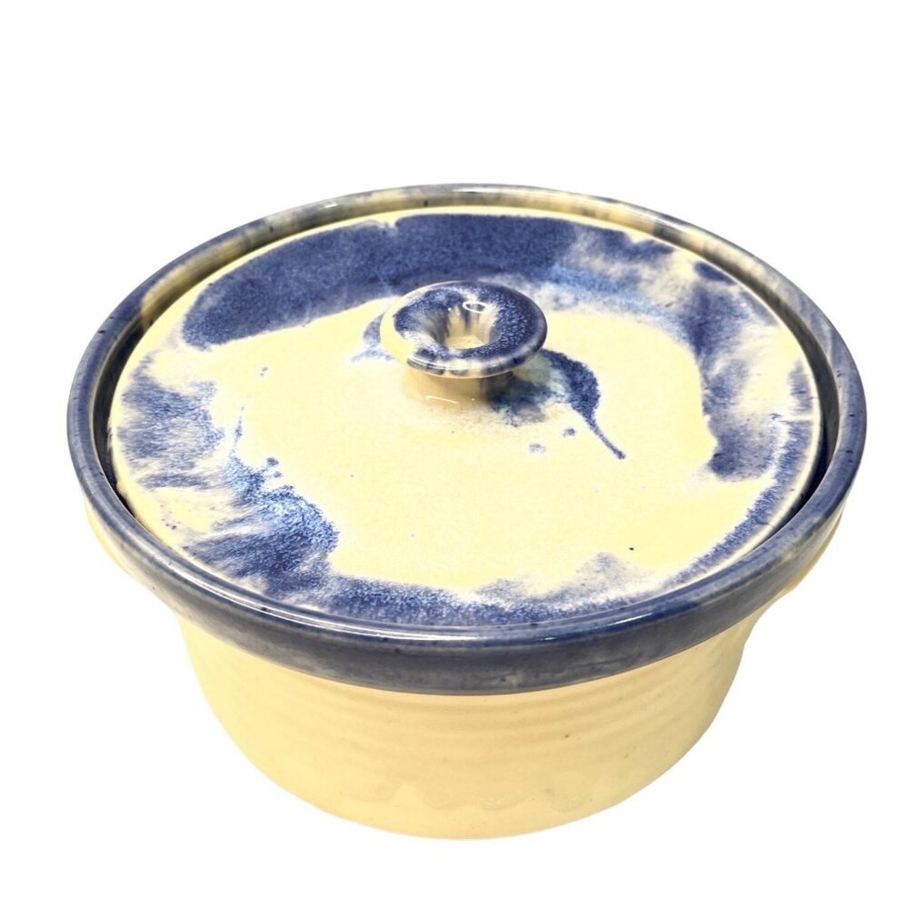 Handmade Ceramic Blue & Cream Stoneware Casserole Dish With Lid 8" Diameter - Picture 3 of 10